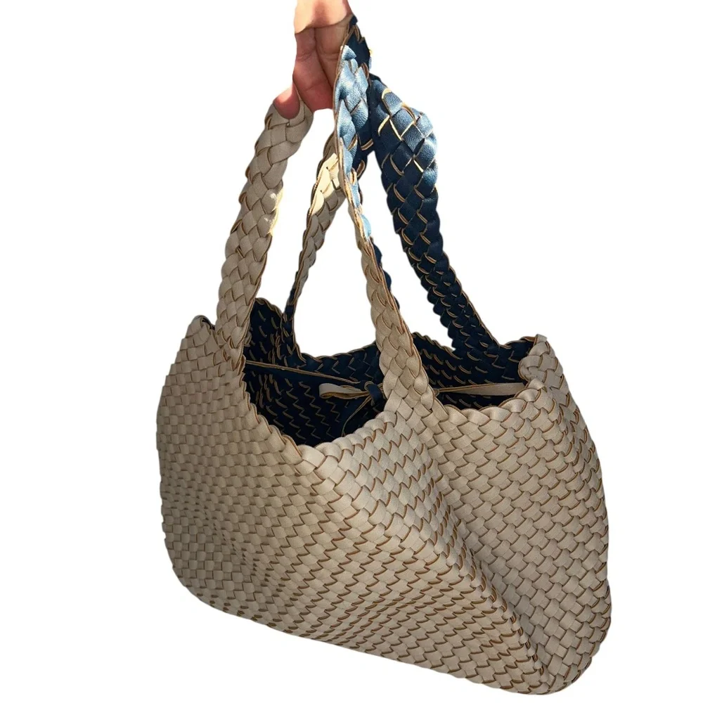 Blue bone khaki vegan leather all basket weave woven tote bag purse 40x12